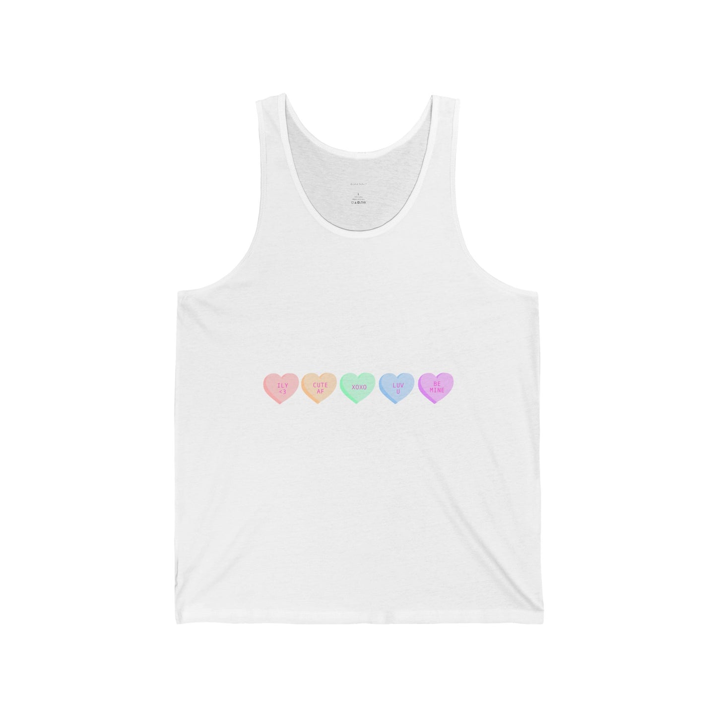 Pastel Conversation Hearts Tank Top — Cute Rainbow Heart Graphic Tank