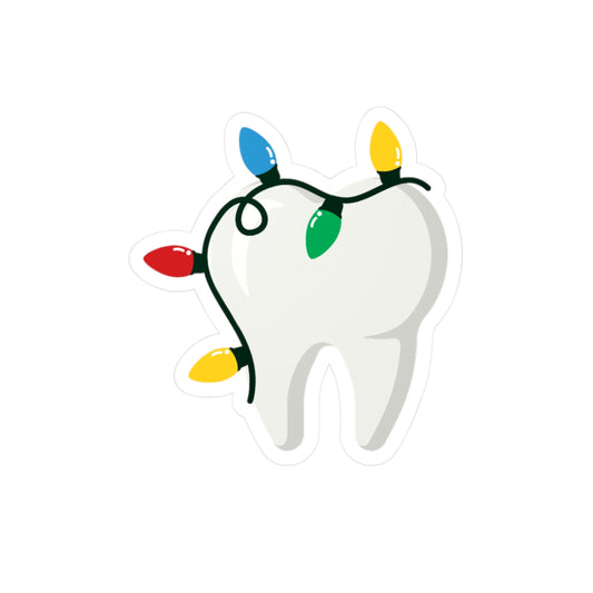 Tooth with Colorful Christmas Lights Vinyl Sticker — Dental Holiday Decal
