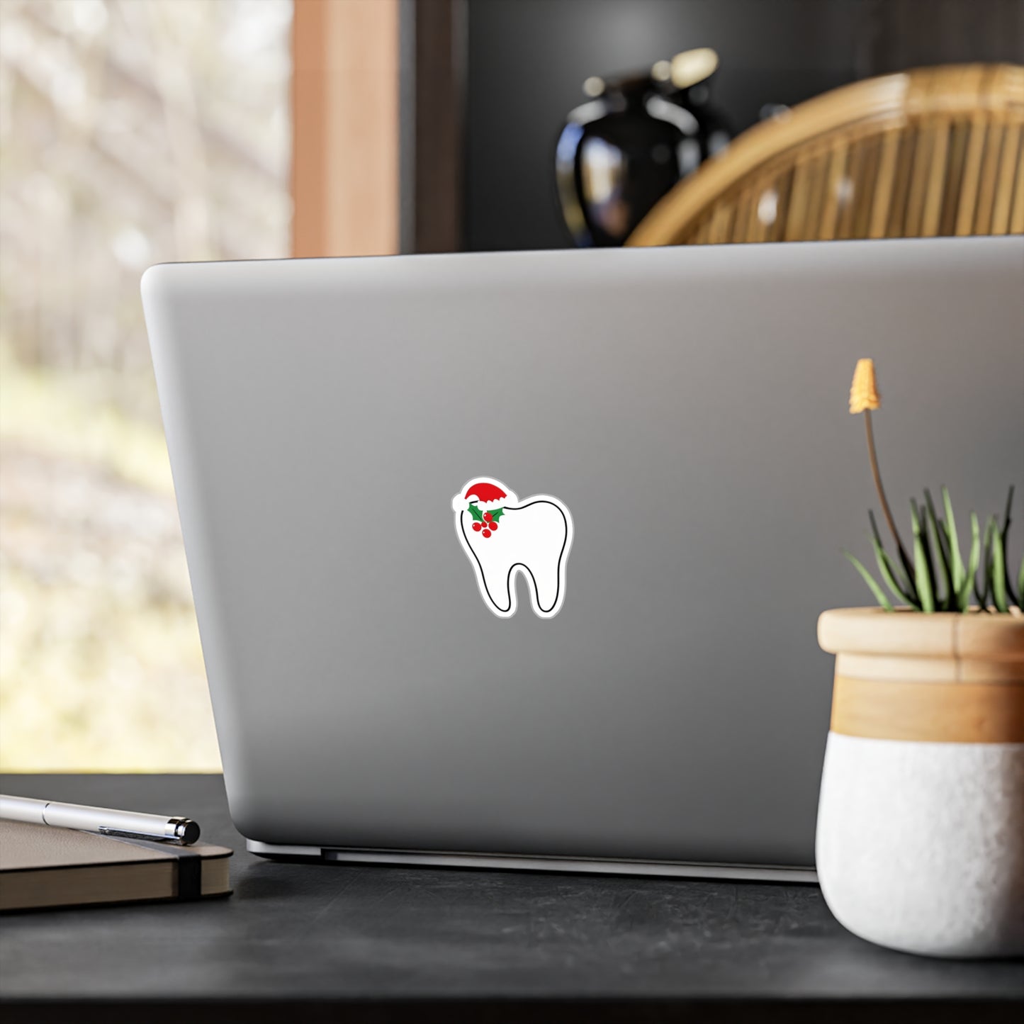 Tooth Christmas Sticker — Dental Kiss-Cut Vinyl Decal with Santa Hat & Holly