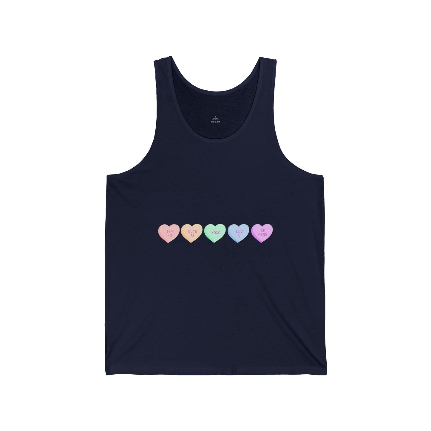 Pastel Conversation Hearts Tank Top — Cute Rainbow Heart Graphic Tank